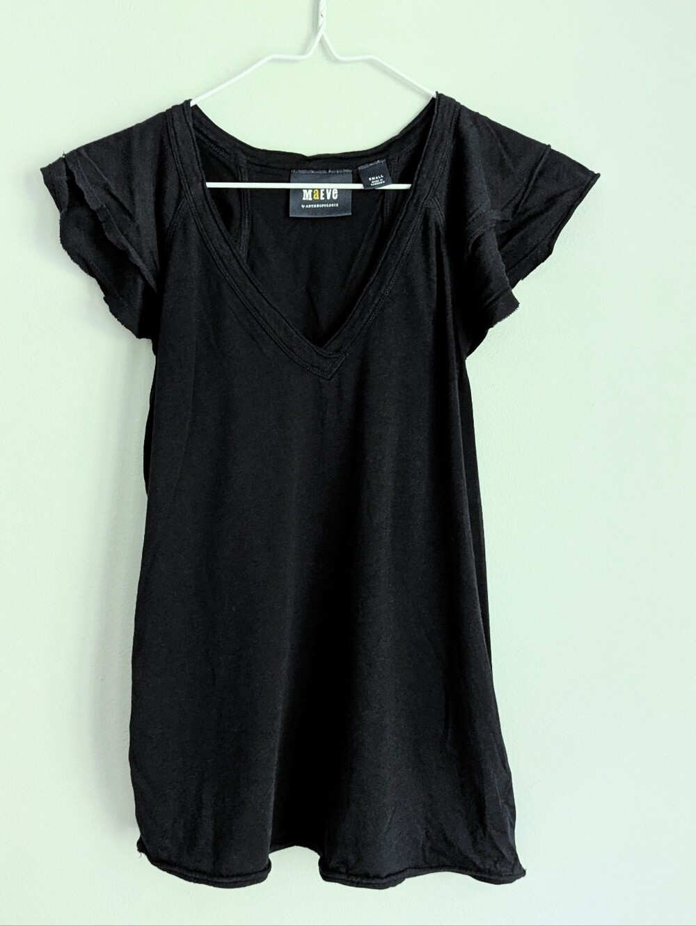 Maeve Anthropologie Women's Small Solid Black V-Neck Flutter Sleeve T-shirt Top